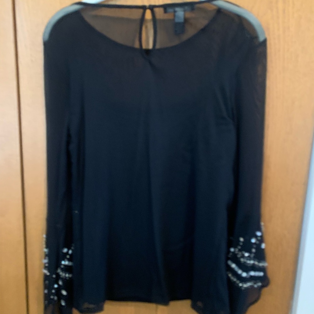 Elegant Black shear blouse with rhinestones on flutter sleeves